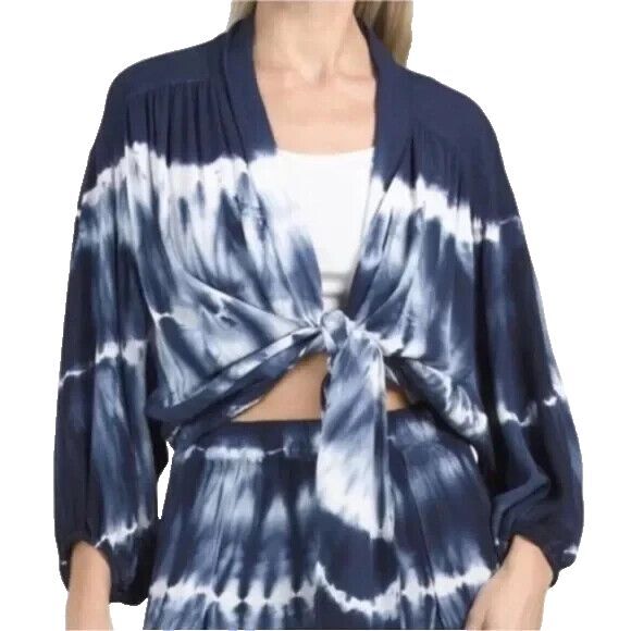 NWT Young Fabulous & Broke Navy Blue Tie Dye Top Small Blouse White Tie Front Sm - Picture 1 of 2